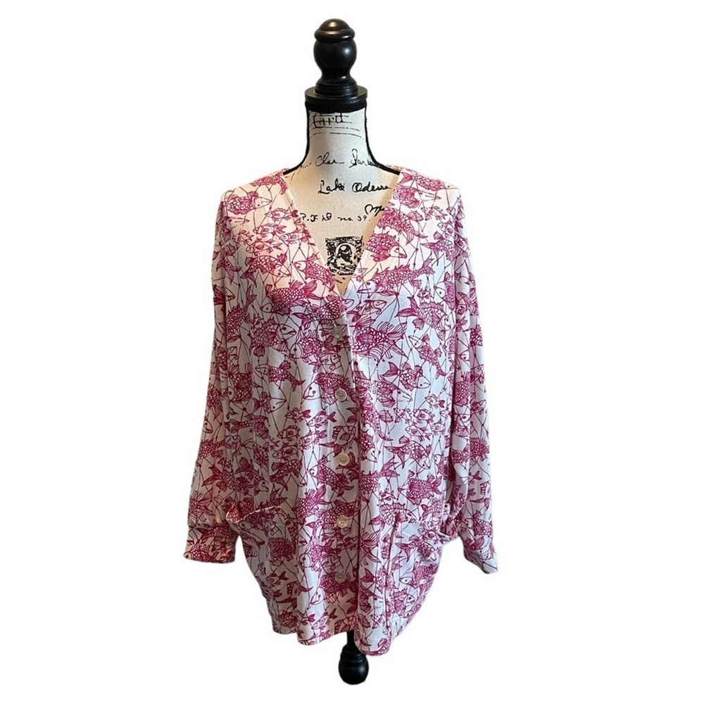 Key West Hand Print Fashions Cardigan Jacket White Pink XLarge Koi Fish Rare